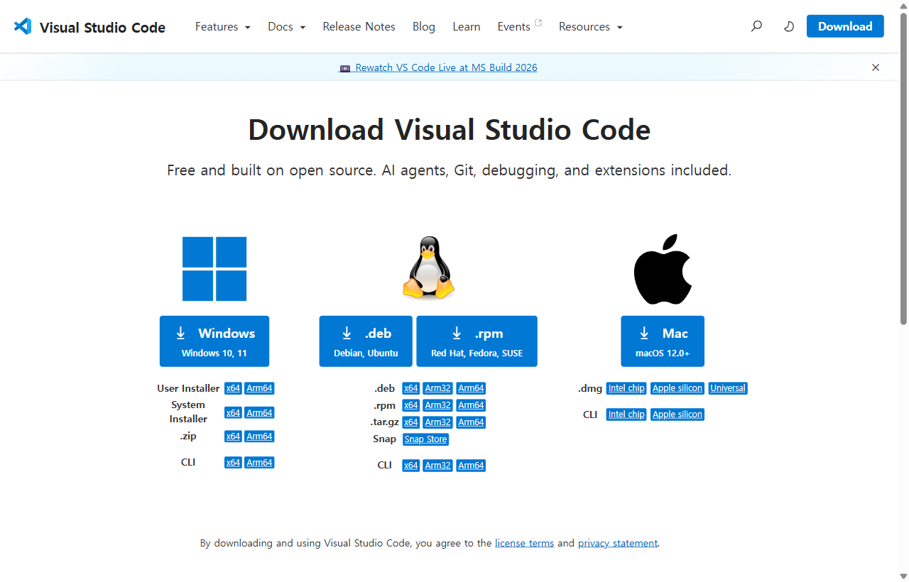 VS Code 공식 다운로드 페이지 — Windows·Linux·Mac 세 갈래로 나뉘어 있고, 각 아래에 설치 방식과 칩 종류 선택지가 있어요.