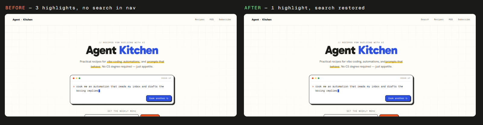 Before and after of the hero: before shows three yellow-highlighted phrases in the tagline and no Search link in the navigation; after shows one highlighted phrase and a Search link restored in the navigation.